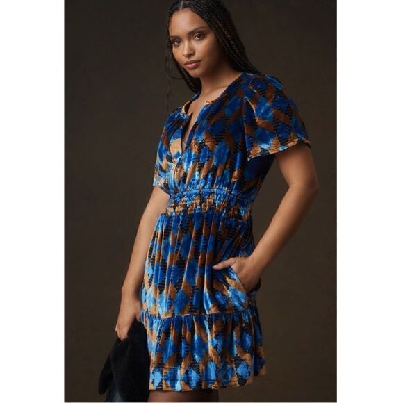 NEW Anthropologie Somerset Velvet V-Neck Smocked Tiered Mini Dress XX-Small & XS - Picture 5 of 8
